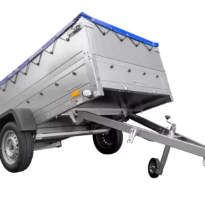 Anhänger mit faltbarer Deichsel Garden Trailer 230 KIPP mit zusätzlichen Bordwänden, Stützrad und blauer Flachplane-Neu